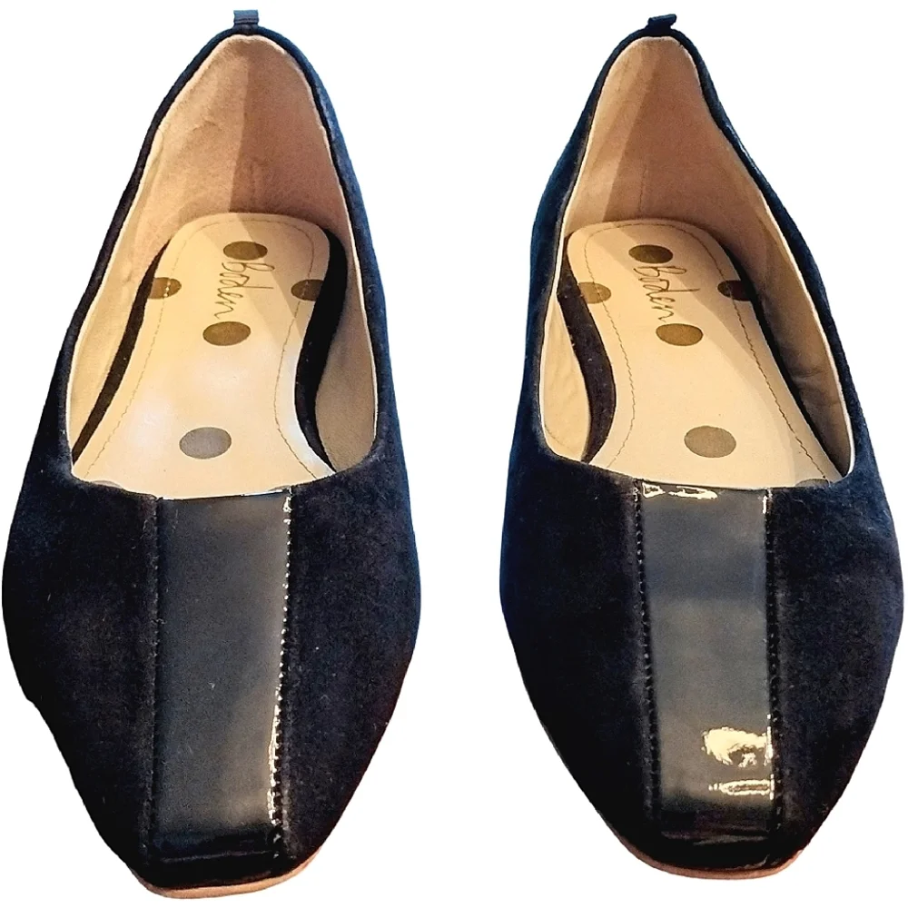 Boden Suede Patent Leather Square Toe Flats, Size EU 37 / US 6.5, Black w/ Cream